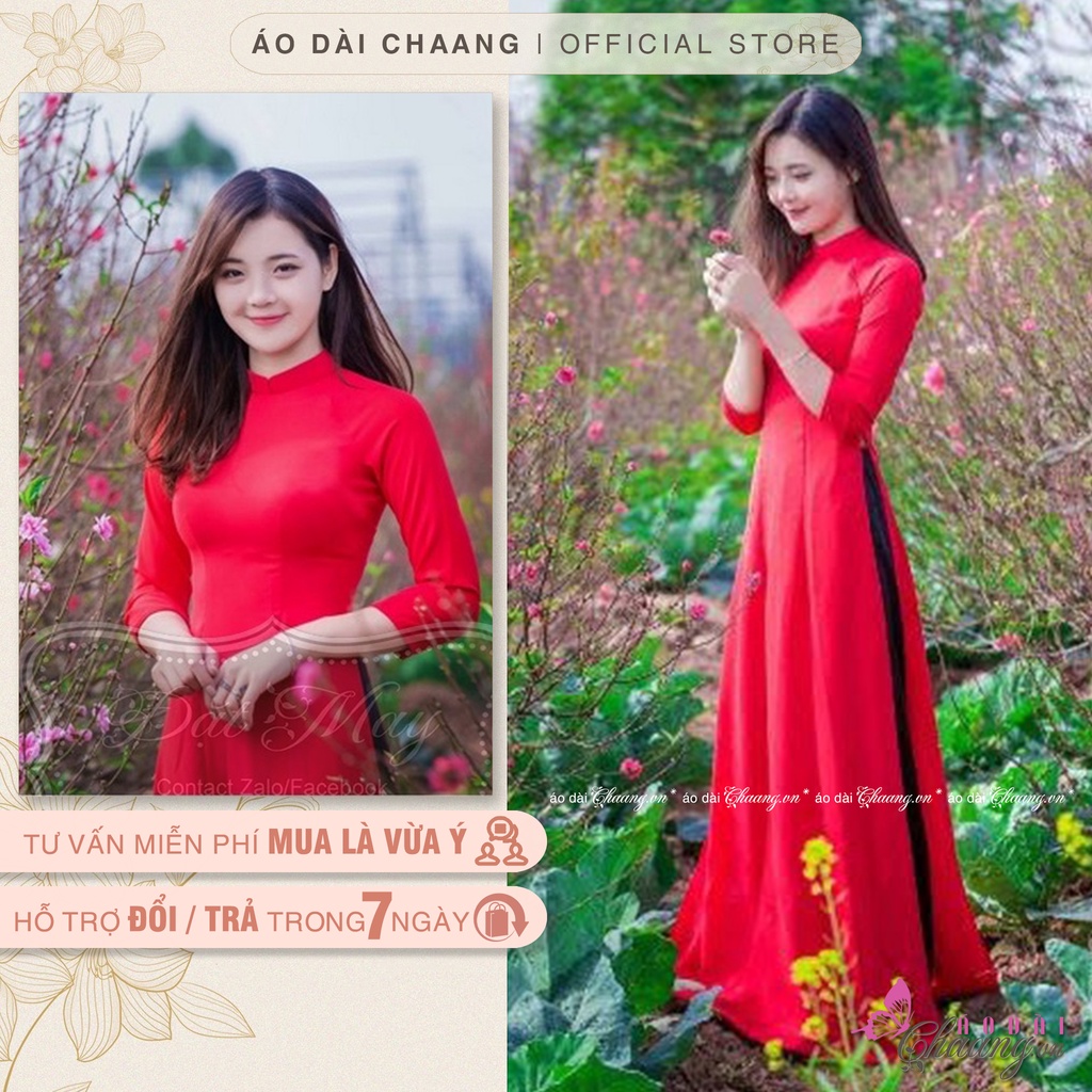 Áo dài đỏ tươi ??CHAANG?? Áo dài truyền thống may sẵn cổ vuông tay lỡ lụa mỹ cao cấp
