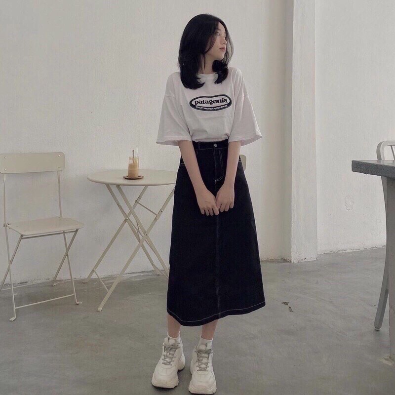 CHÂN VÁY BÒ ĐEN CHỈ NỔI VÀNG #919
