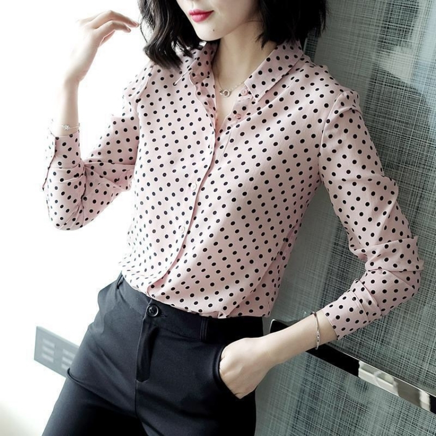Áo sơ mi nữ dài tay thời trang công sở phối họa tiết chấm bi cao cấp mã SMCB881  PONIVALAZA , Chất liệu mềm mịn thoáng mát lên form cực chuẩn không lỗi mốt dễ phối đồ