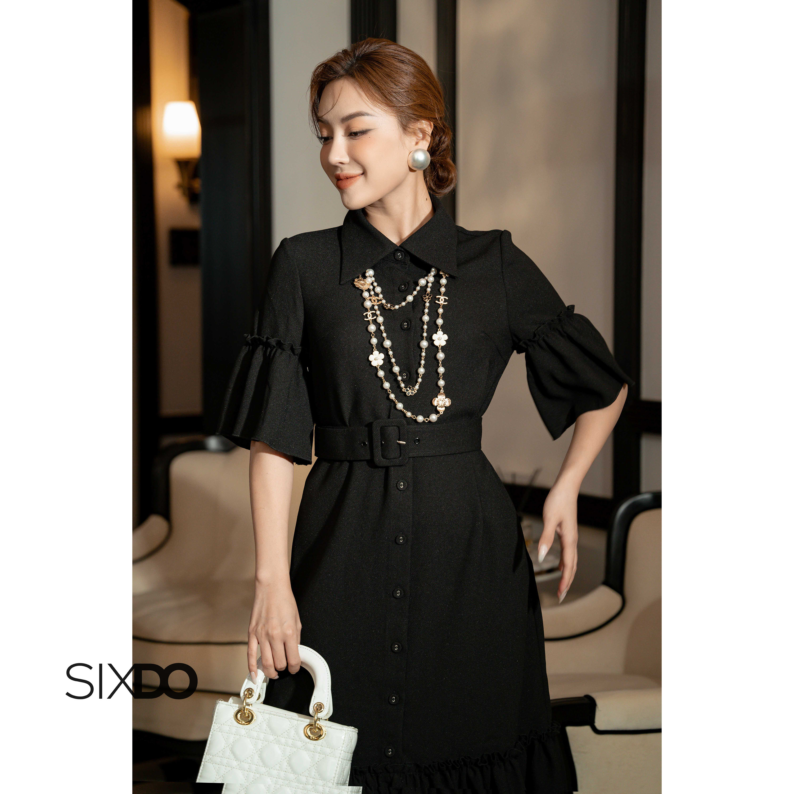 Đầm sơ mi tay bèo kèm thắt lưng thời trang SIXDO (Black Flute Sleeves Midi Woven Dress)