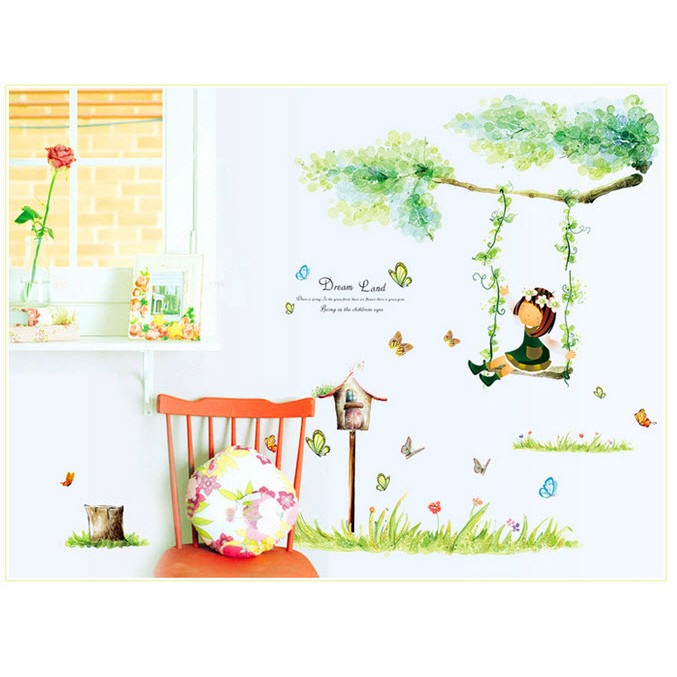 DECAL DÁN TƯỜNG CÔ BÉ XÍCH ĐU