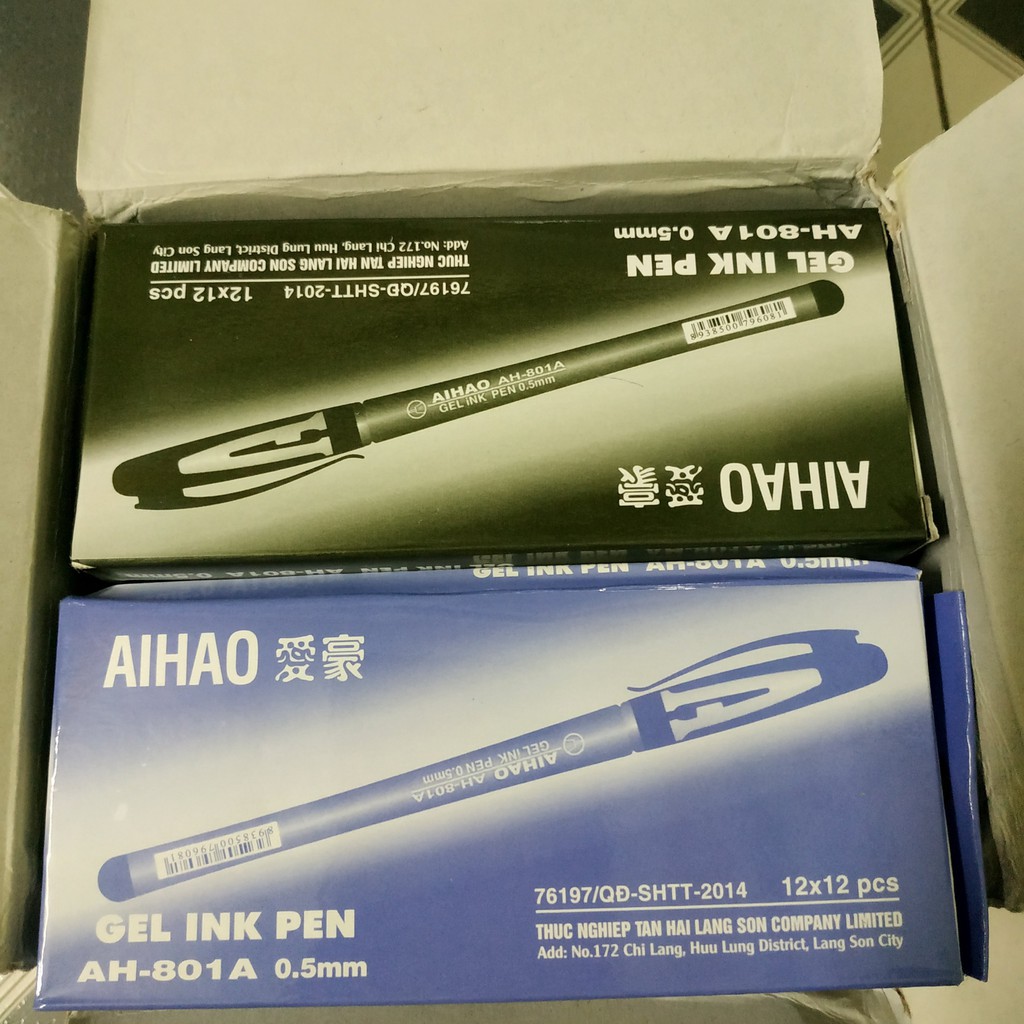Bút Gel chữ A ( AIHAO ) AH-801A 0.5mm  ( mực xanh /tím /đỏ / đen ) hộp gồm 12 cây mực đều đậm