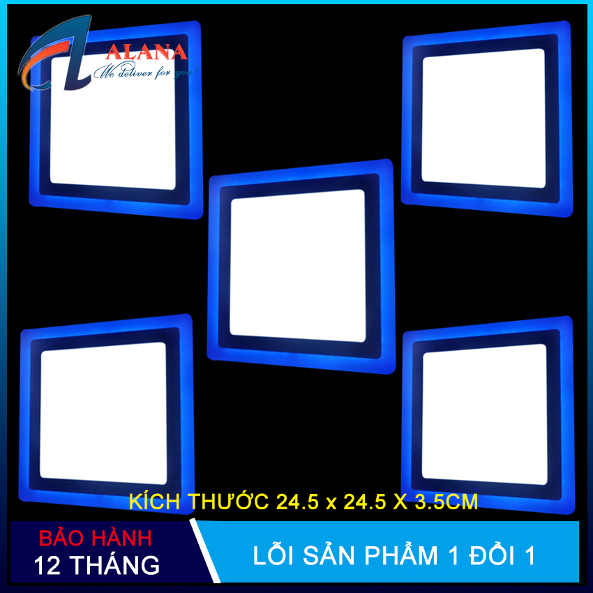 Bộ 5 đèn ốp trần, đèn led ốp trần nổi 24w 2 màu 3 chế độ thiết kế vuông thay đổi ánh sáng theo mỗi lần bật tắt công tắc chính