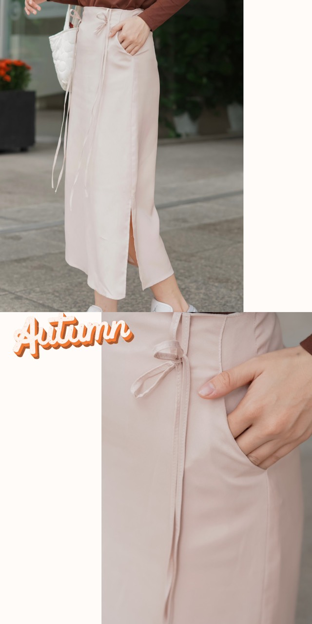 Chân váy lửng dây cột 2 bên | Chất lụa Mango | Màu Kem Hồng | Size S - XL