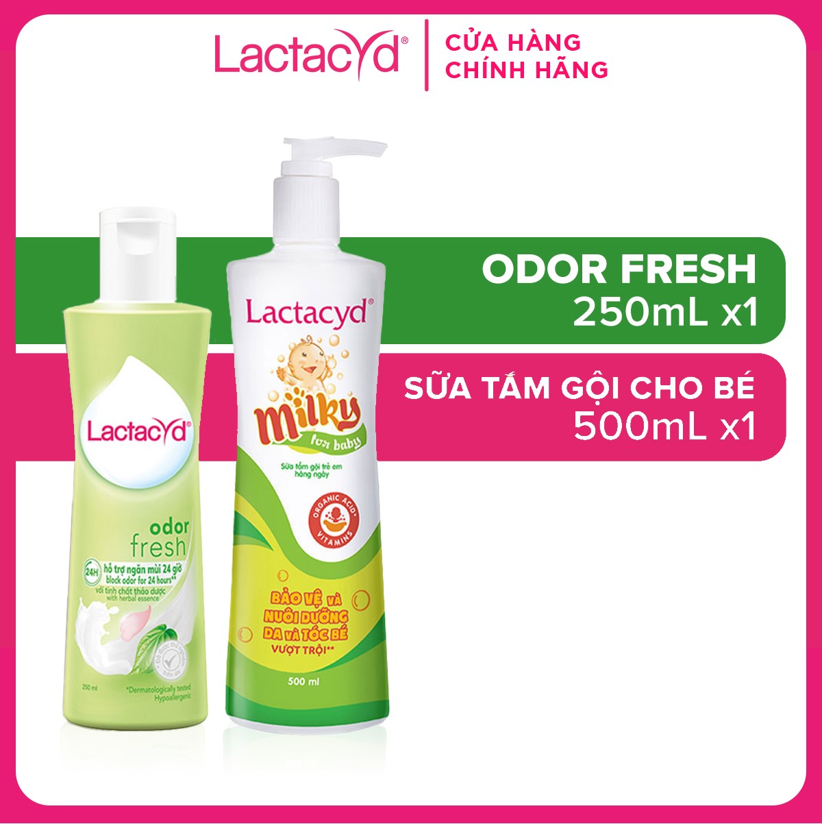 Bộ Dung Dịch Vệ Sinh Phụ Nữ Lactacyd Odor Fresh Ngăn Mùi 24H 250ml + Sữa