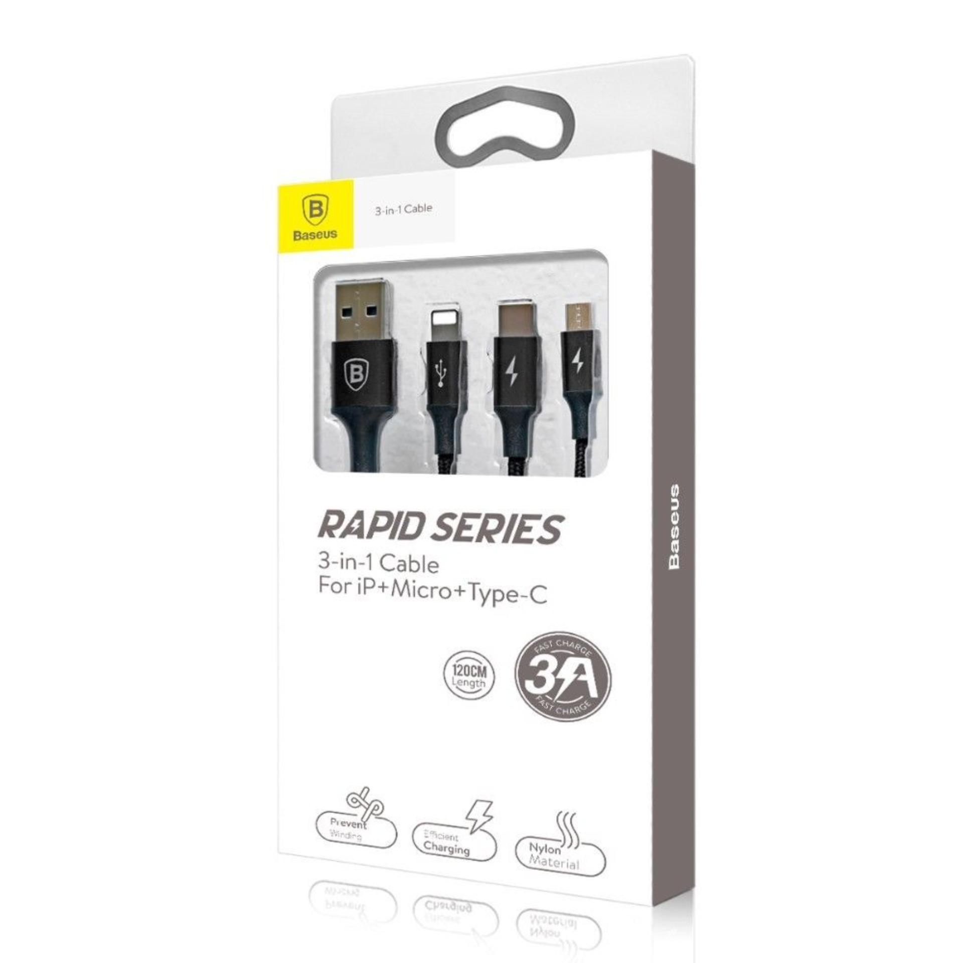 Cáp sạc Nhanh 3.0A BASEUS Rapid Series 3 đầu Lightning - MicroUSB - Type-C dài 120cm