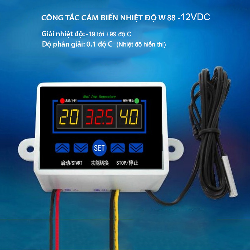 Công tắc cảm biến nhiệt độ W88 loại 12V hoặc 220V tùy chọn, 3 màn hình hiển thị nhiệt độ, đầu cảm biến rời chống nước