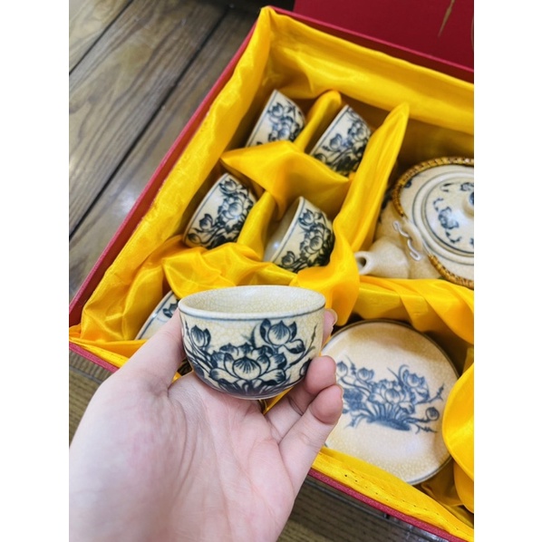 Bộ ấm trà, men rạn cổ vẽ tay Bát tràng cao cấp