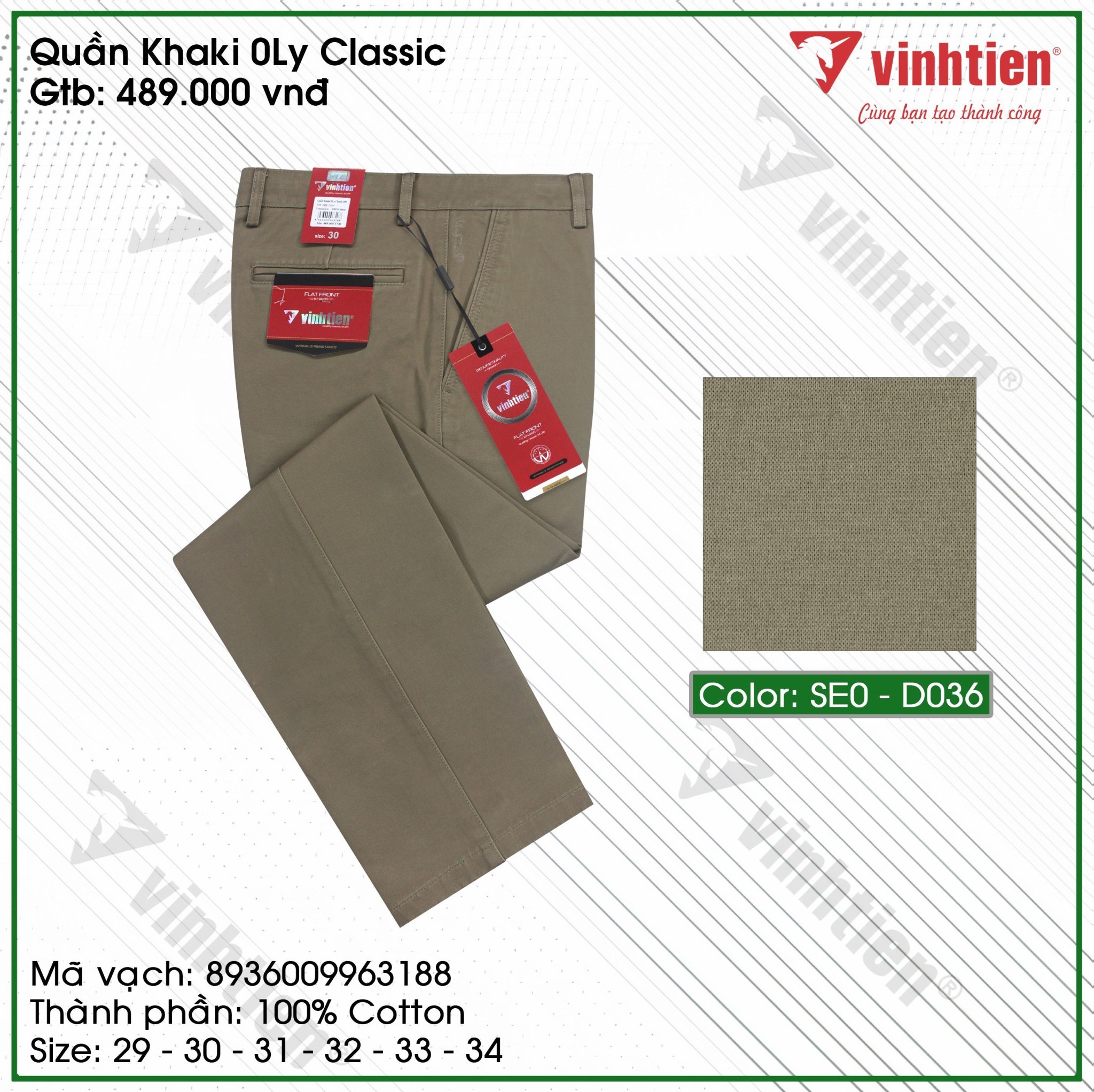 Quần Kaki 0Ly Trung Niên Vĩnh Tiến 489, 100% Cotton Cao Cấp