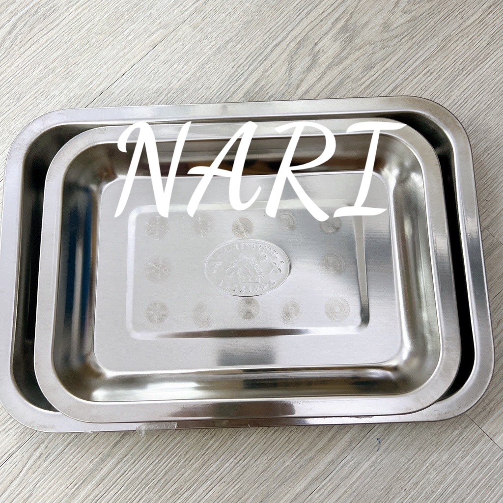 Khay inox cạn chữ nhật size 35-40cm - mâm inox chữ nhật - mâm cherry cạn size lớn - gia dụng Nari
