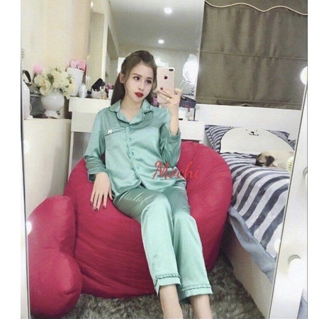 Bộ Pijama lụa mặc nhà viền bèo dài tay