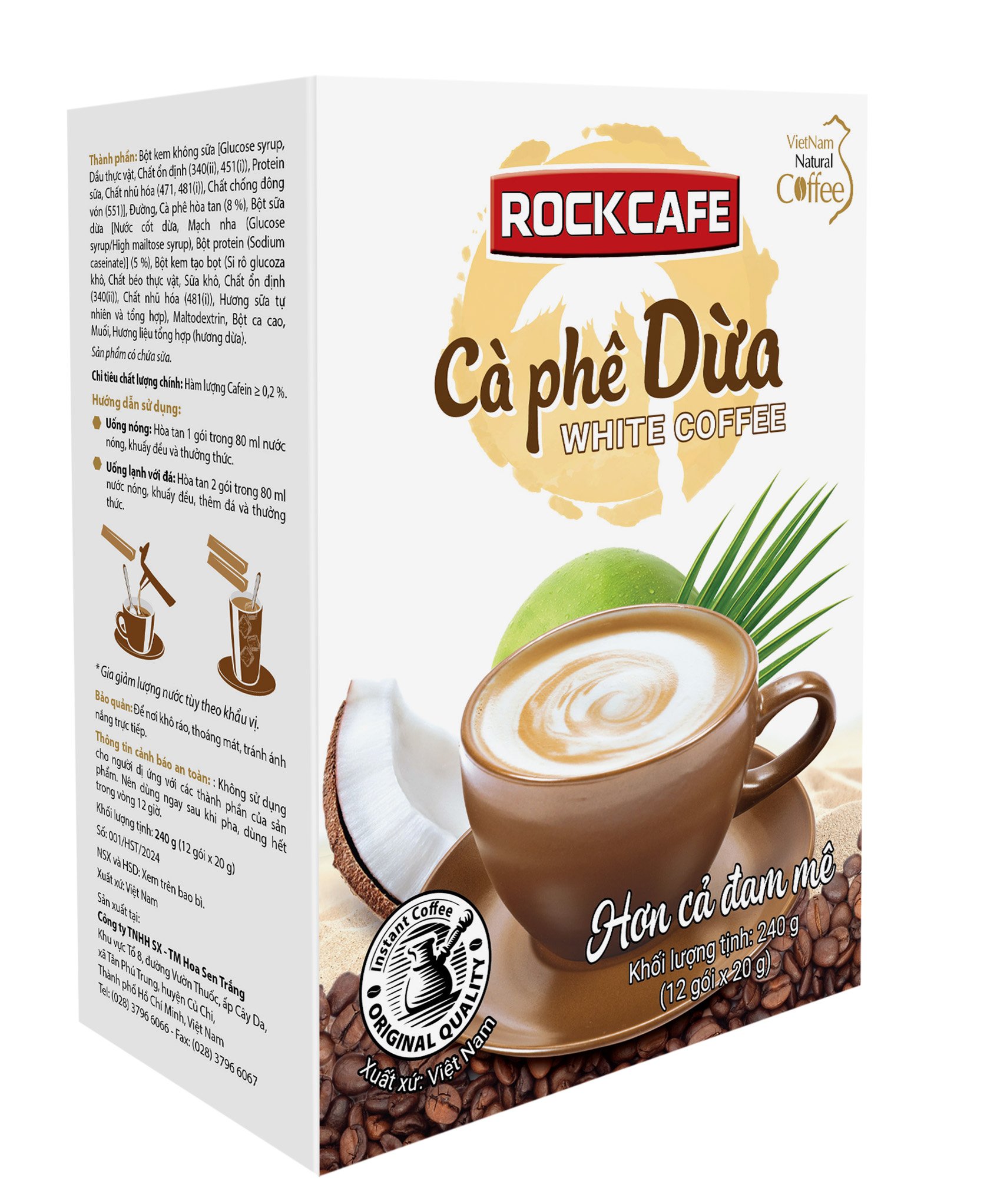 RockCafe - Cà phê hòa tan 3 trong 1 - Vị Dừa White Coffee độc đáo - Thơm ngon - Tinh khiết - Chuẩn vị cafe Việt -  Hộp 12 gói x 20 gr