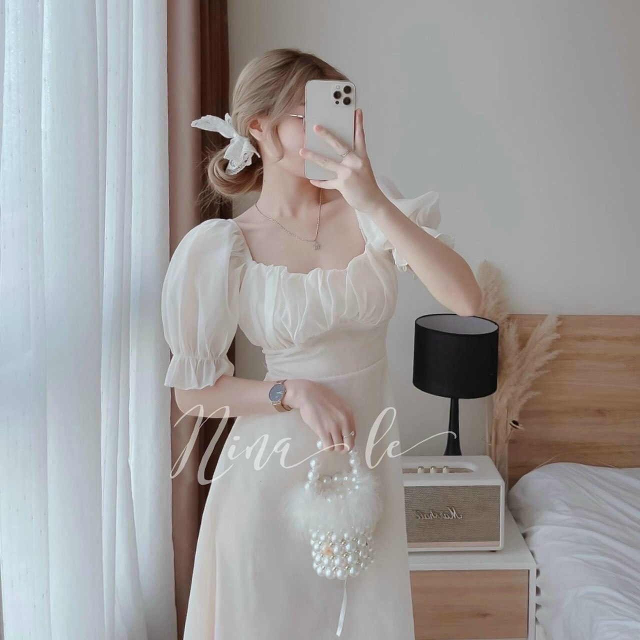 Váy đầm nữ tay phồng xếp ly ngực ( có mút , có nơ)