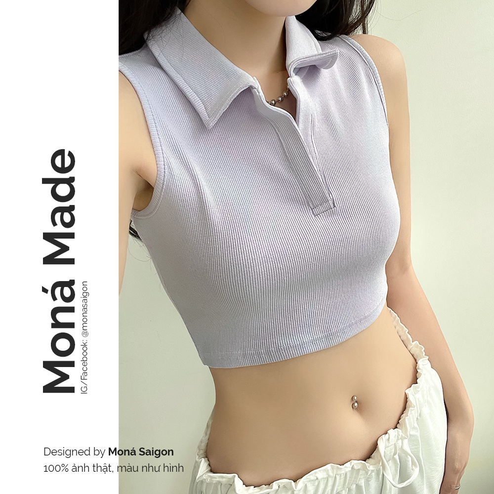Áo croptop thun gân polo MONÁ - PERRY TÍM