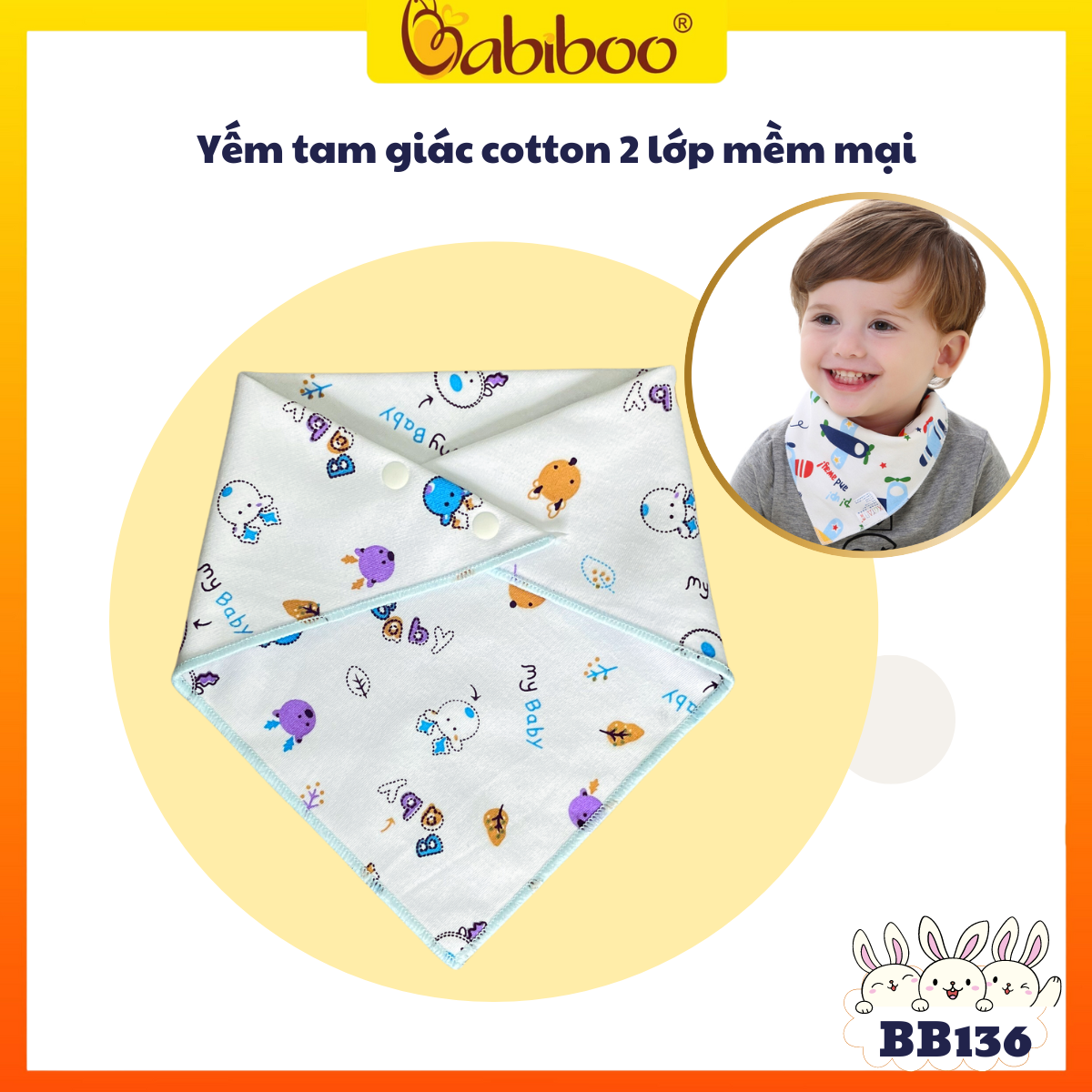 Yếm ăn dặm cho bé babiboo khăn yếm tam giác cotton 2 lớp- bb136