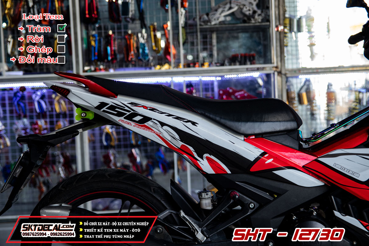 tem trùm exciter 150  trắng đỏ cá mập