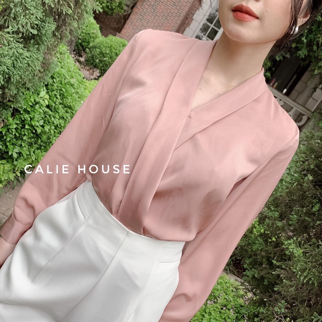 Áo sơ mi lụa cổ V nẹp dài tay - áo sơ mi công sở 0032