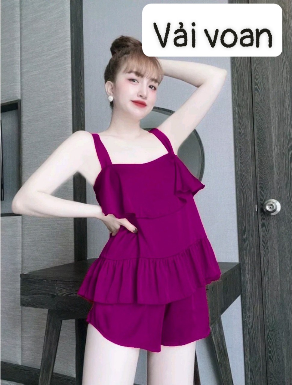 Set bộ ngắn phối 2 tầng vải voan cát freesize dưới 55kg đồ bộ đùi phối 2 tầng vải voan mềm mát