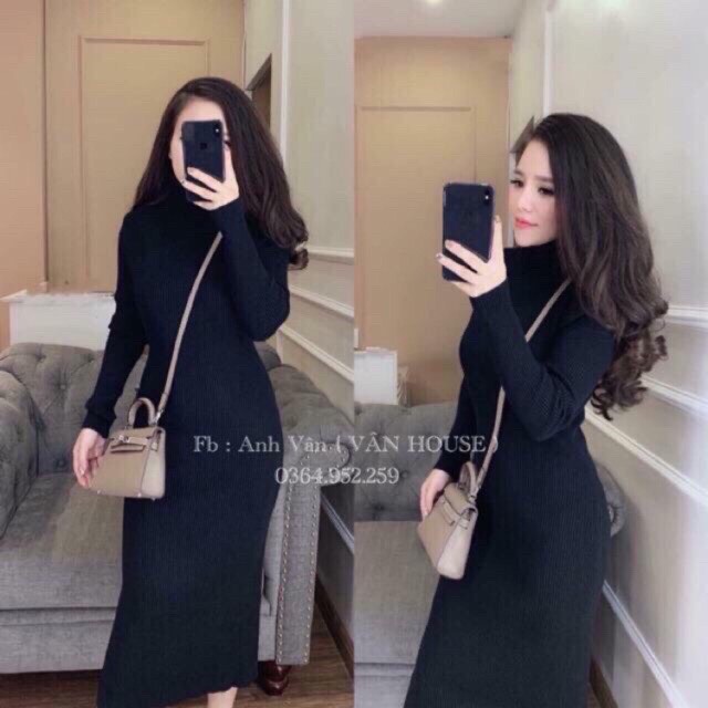 (SIÊU HÓT) VÁY LEN BODY CỔ LỌ MÀU ĐEN DÁNG DÀI QUA GỐI SIÊU ĐẸP, HUYỀN TRANG 1995