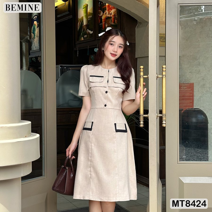 Đầm cổ tròn phối nắp túi tùng a bemine mt8424