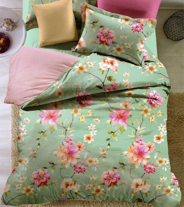 Bộ drap và mền satin Home Sweet Home (Mint Flower )