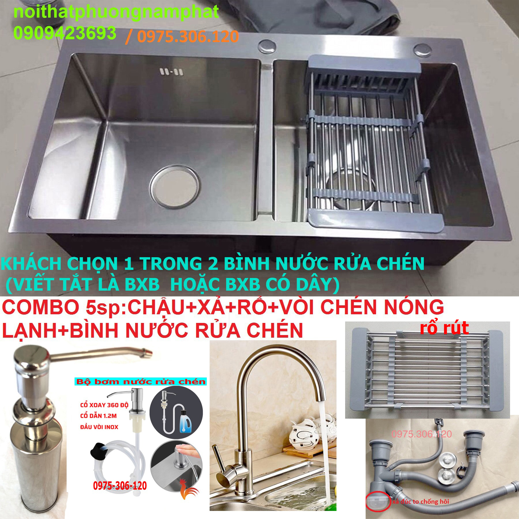 Chậu Rửa Chén Bát 2 hộc INOX 304 N5 8245 và Vòi Rửa Chén Nóng Lạnh và Bình Nước Rửa Chén và Rổ Rửa Đa Năng và Xả chậu