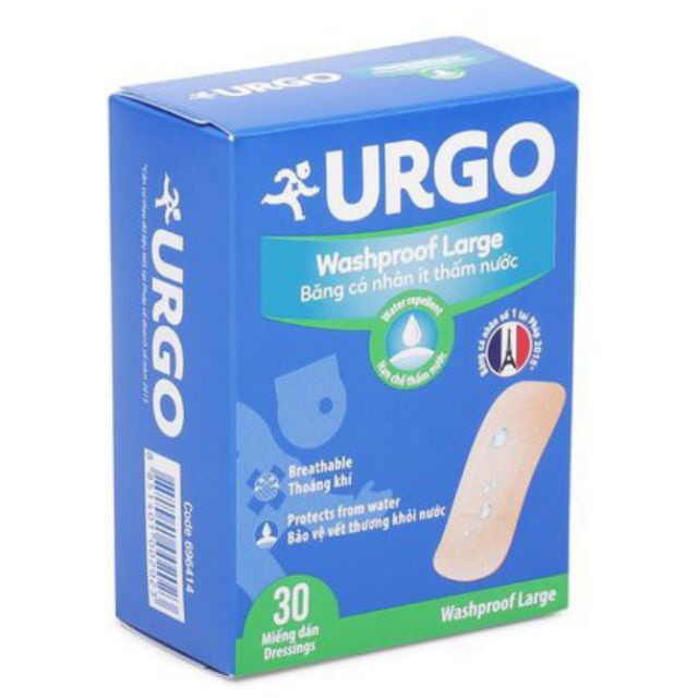 Băng Cá Nhân Ít Thấm Nước Urgo Size Lớn Washproof 30 (Hộp 30 Miếng)