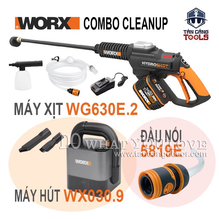 Combo máy hút worx wx030.9 và máy xịt dùng pin wg630e.2 tặng kèm đầu nối