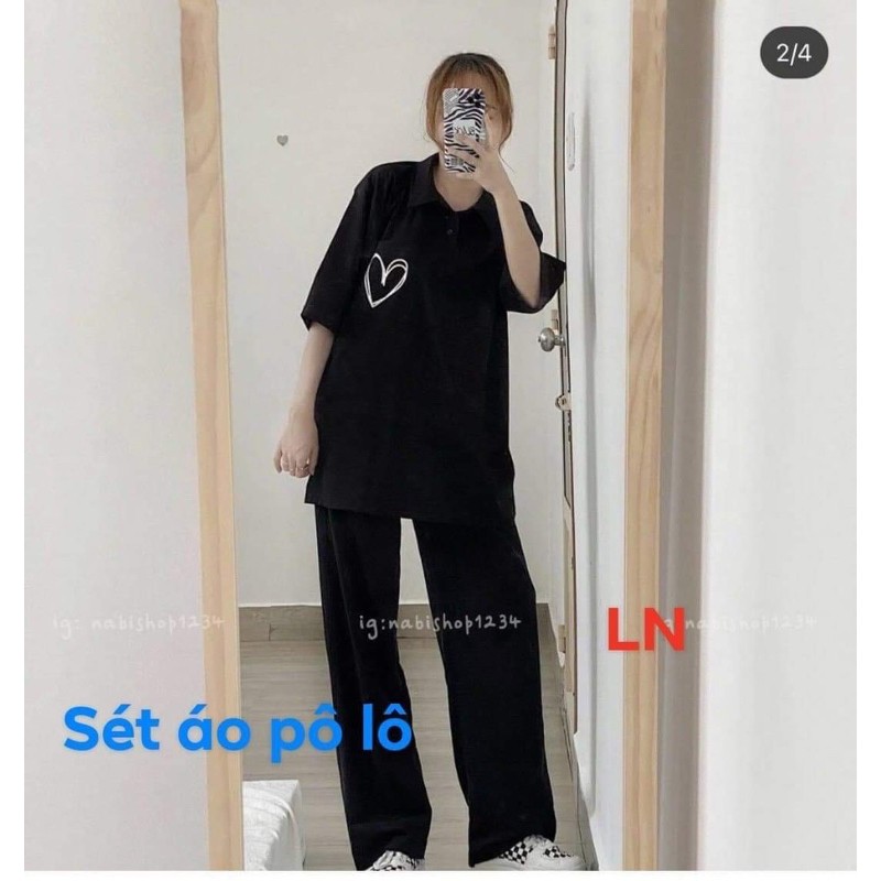 Sét áo polo tim lồng+quần ống rộng dài