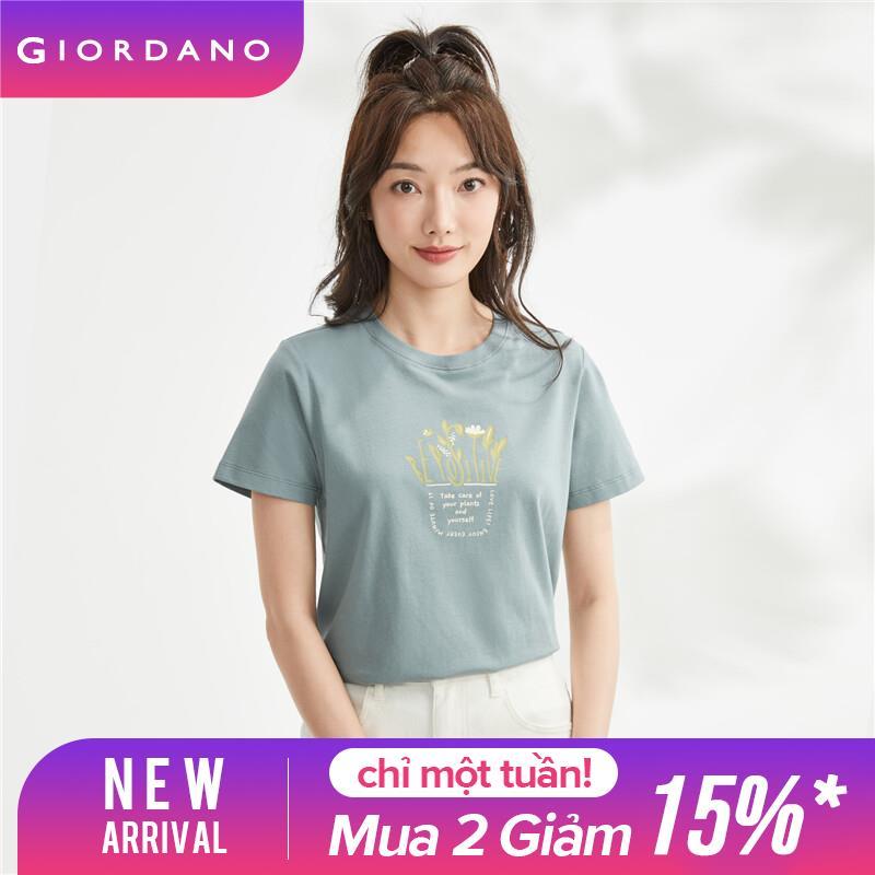 Giordano áo thun nữ cổ tròn cotton 100% tay ngắn dệt kim in hình chữ cái Free Shipping 05393211