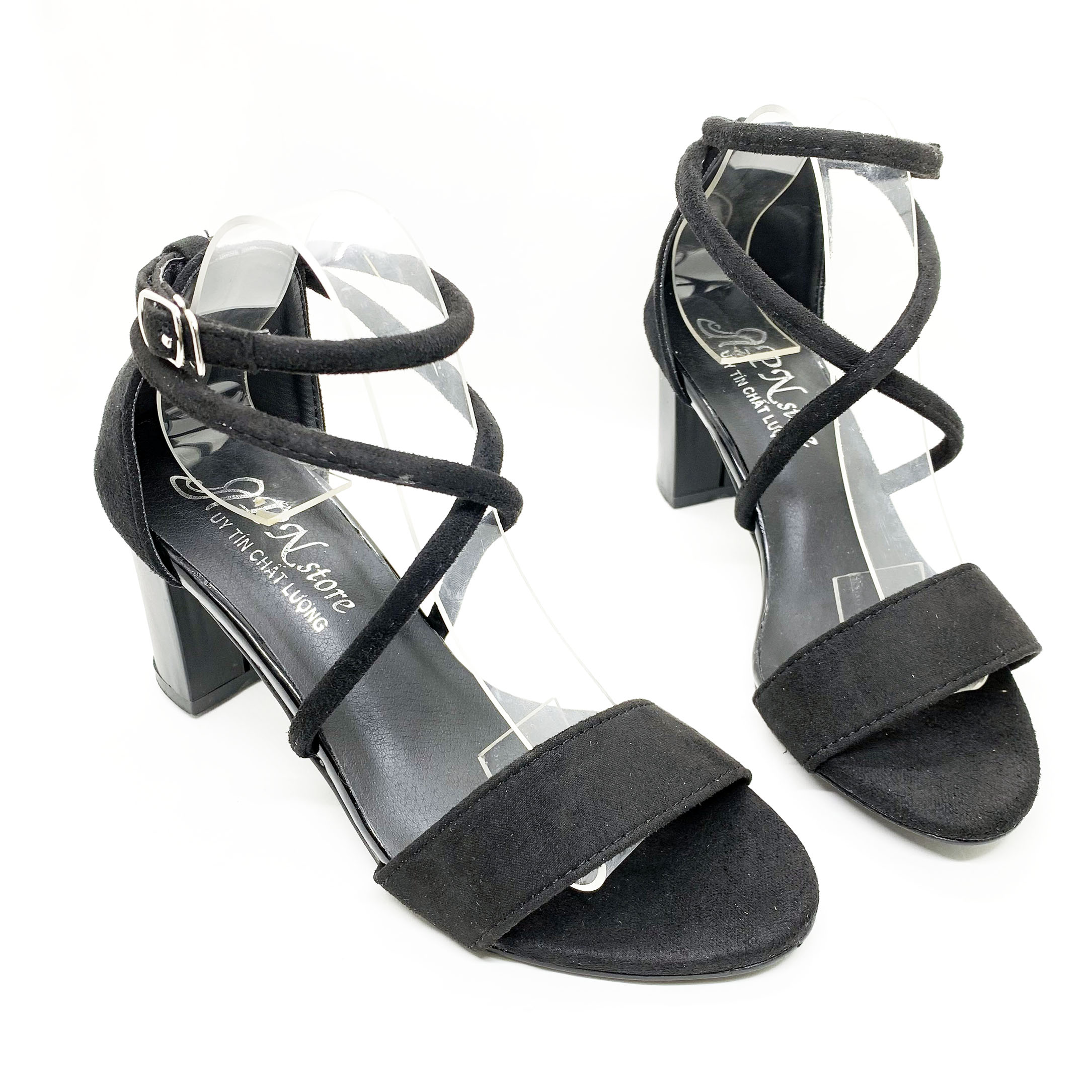 Giày sandal nữ cao gót vuông 7p quai bản ngang dây chéo gót - SD02