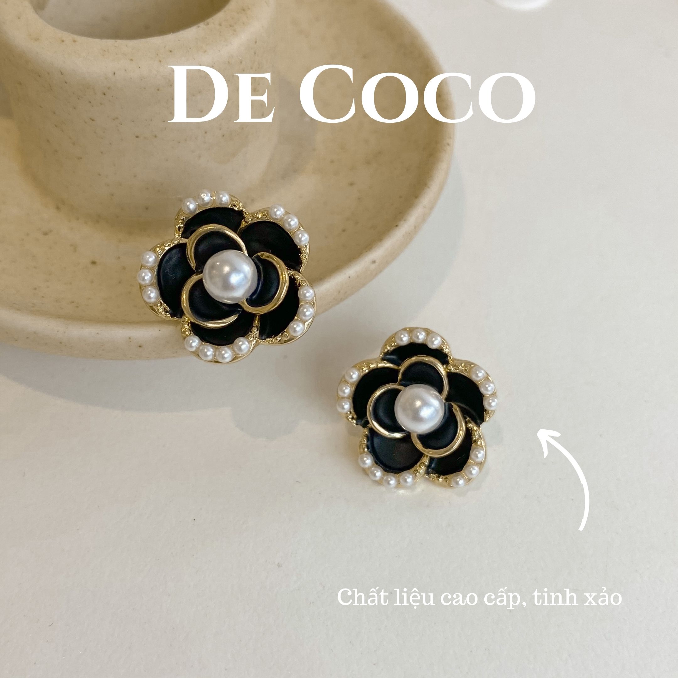 Bông tai hoa đen đính hạt trai Black Rosé De Coco decoco.accessories