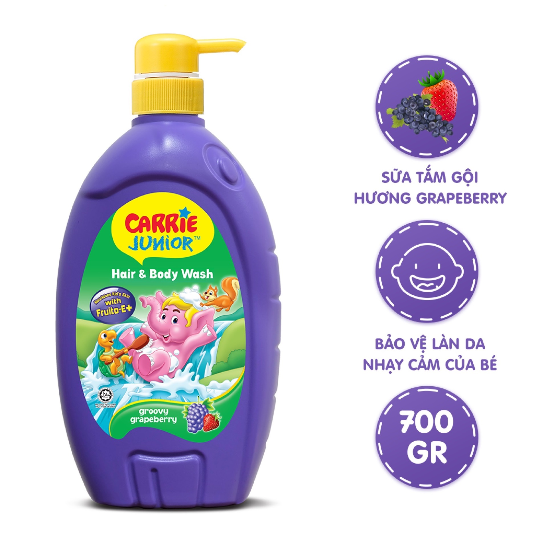 Sữa tắm gội toàn thân cho bé Carrie Junior 2 trong 1 hương Grapeberry chai 700g