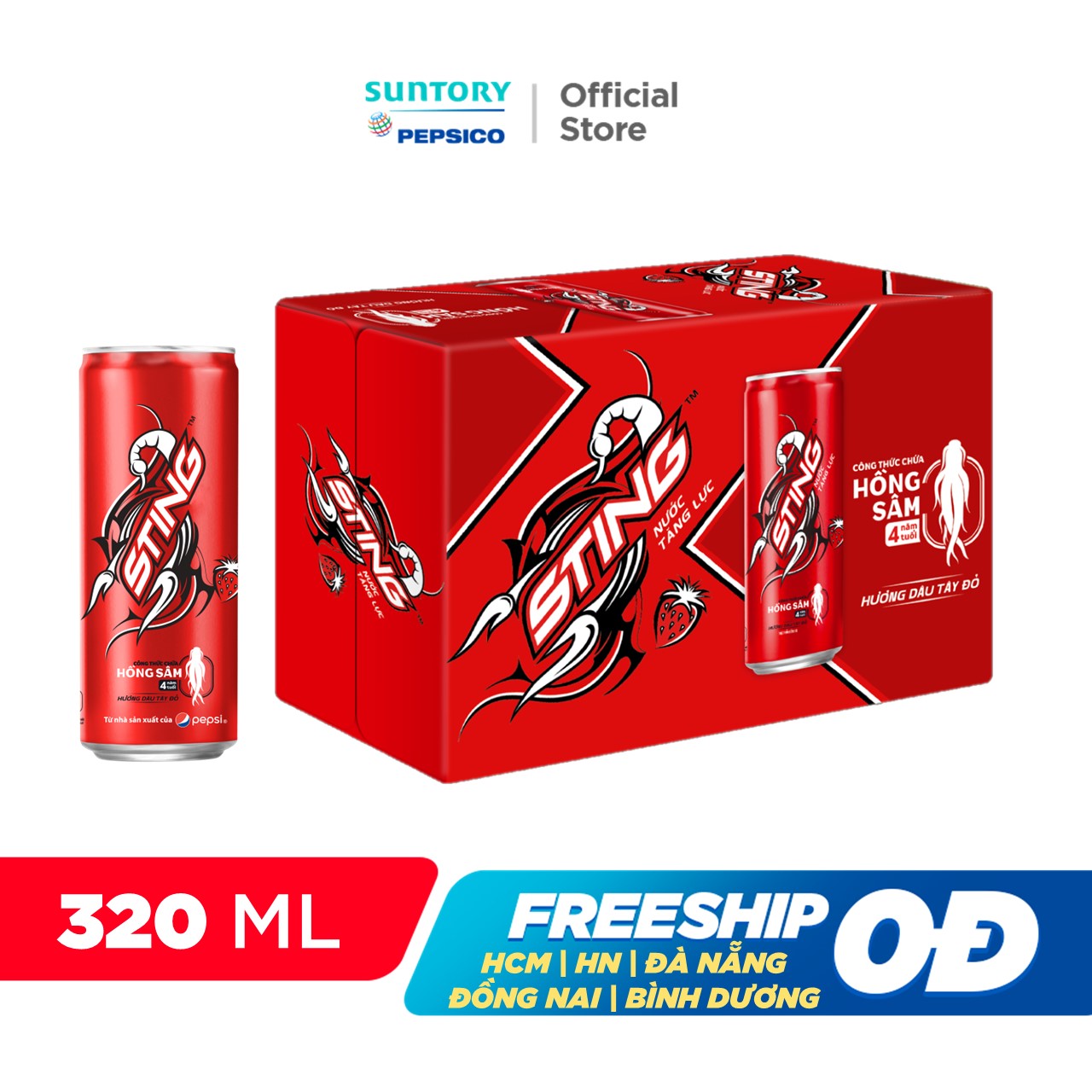 [SALE 6.6] Thùng 24 Lon Nước Tăng Lực Sting Dâu (320ml/lon)
