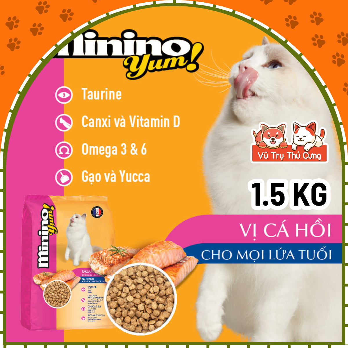 Thức ăn hạt cho mèo mọi lứa tuổi minino yum 1,5kg