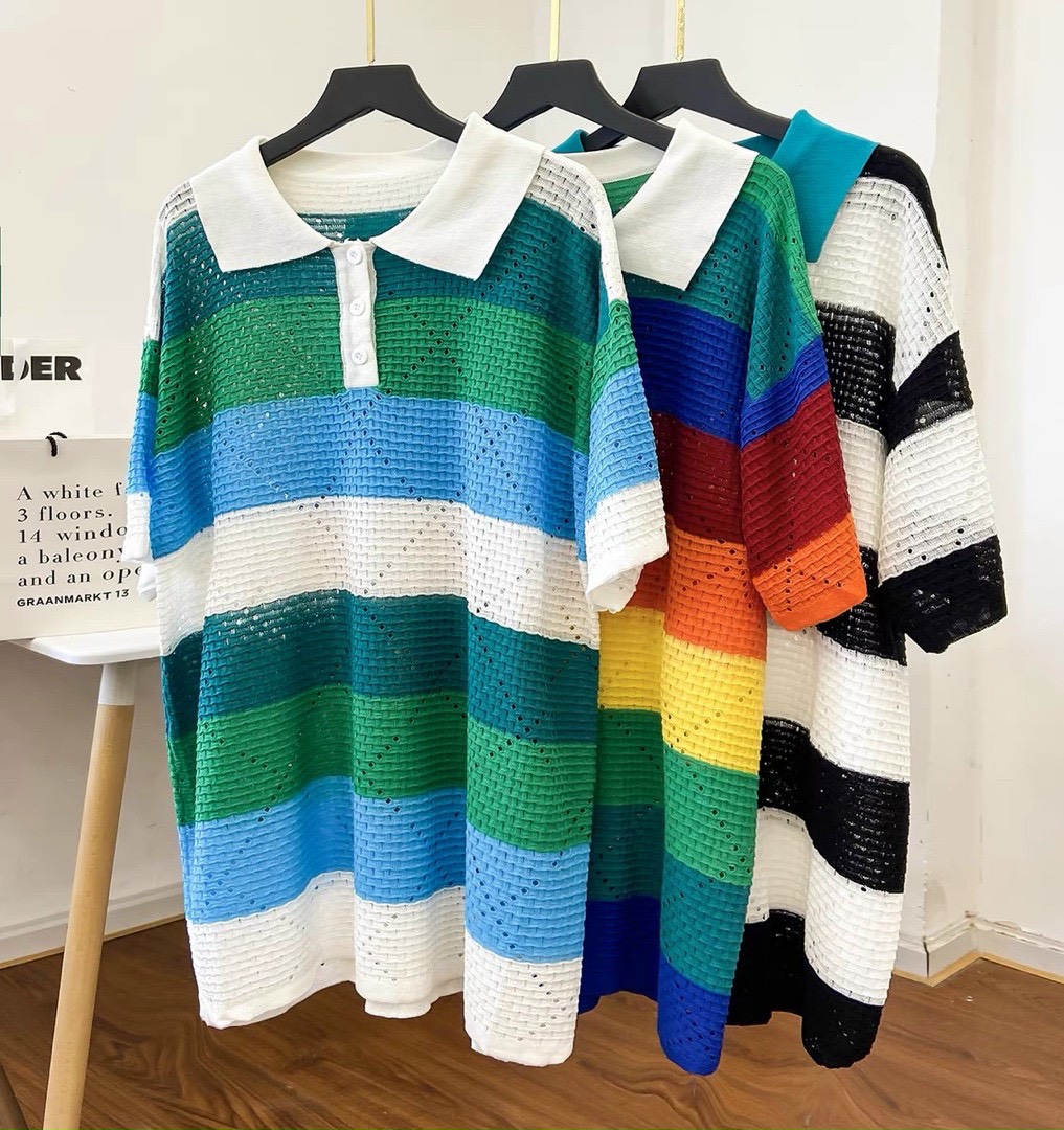 Áo len kẻ ngang vân trám oversize form thụng giấu quần