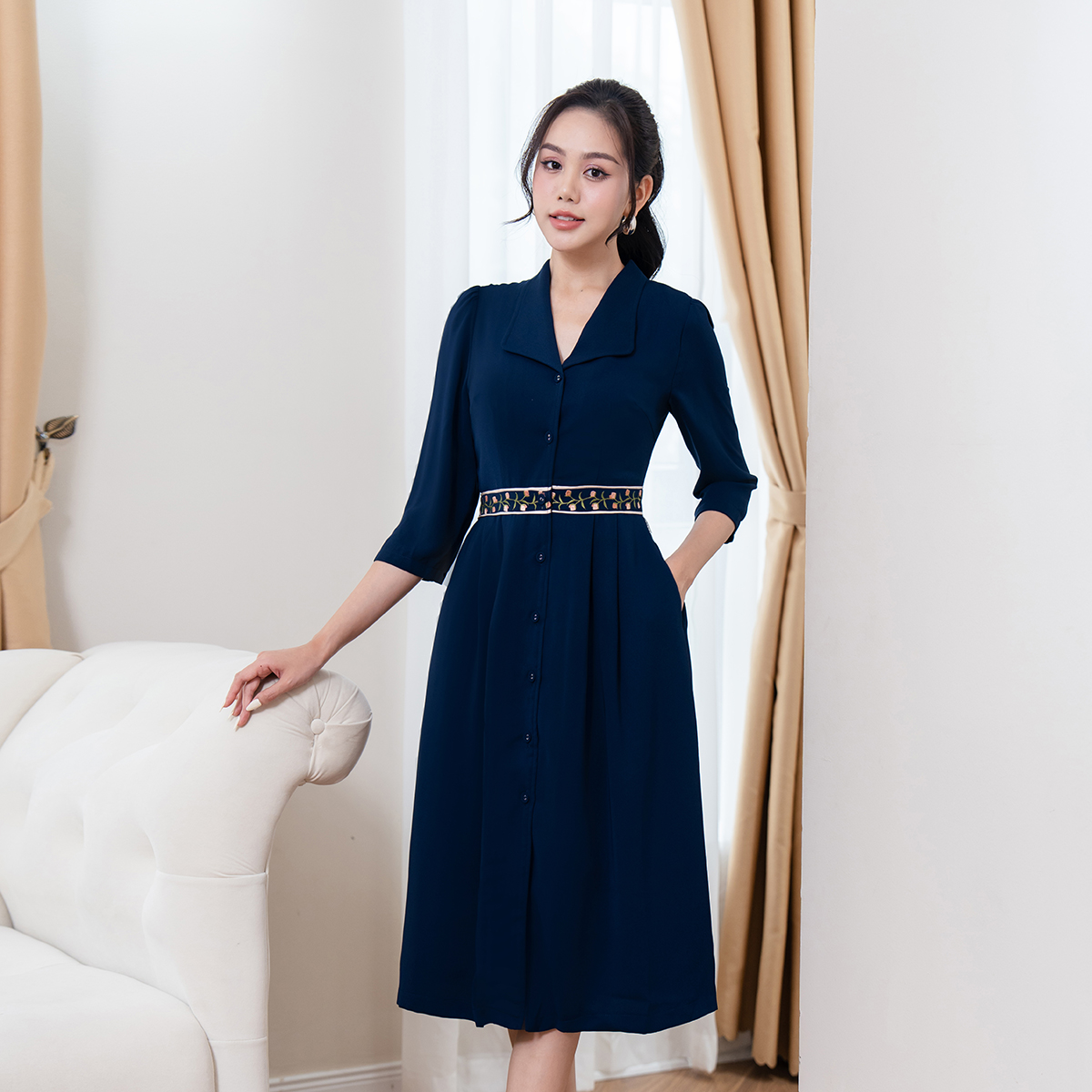 Đầm nữ xòe đai thêu LAMER L63L23Q030