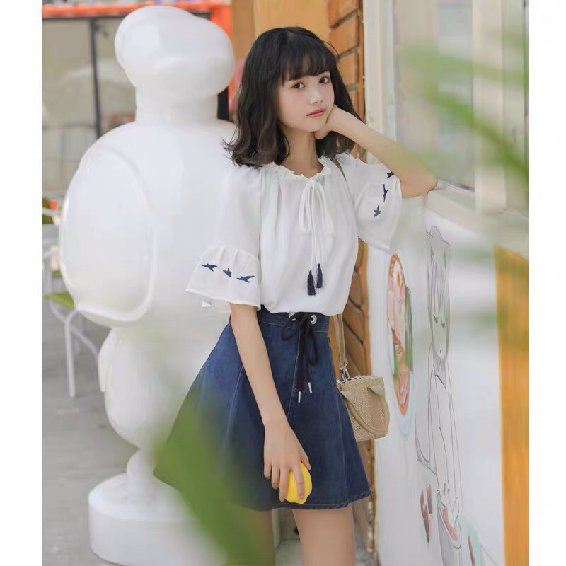 Áo Kiểu Sơ Mi Hàn Quốc Tay Lỡ Cột Nơ Trước Ngực Cute Hột Me TTSA0747