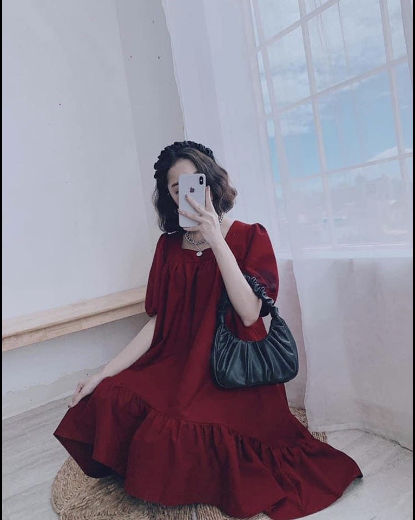[Yến Trần]Đầm Suông Đuôi Cá Cổ Vuông Chất Đũi Buộc Nơ Sau Sang Chảnh