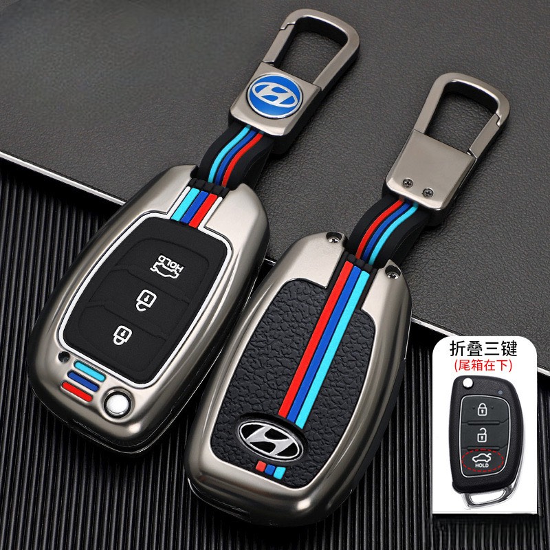 Ốp chất liệu kim loại bảo vệ chìa khóa   ô tô Hyundai I10 Tucson Elantra Kona Accent Santafe Creta Solaiti cao cấp không gỉ có sọc phản quang thể thao - Otofunmoclan Phụ Kiện Xế Yêu