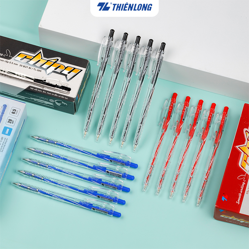 Combo 20 Bút bi Thiên Long TL-089 ngòi 0.5mm mực xanh đỏ đen dạng bấm cò nơi cầm tay có tiết diện tam giác vừa vặn với tay