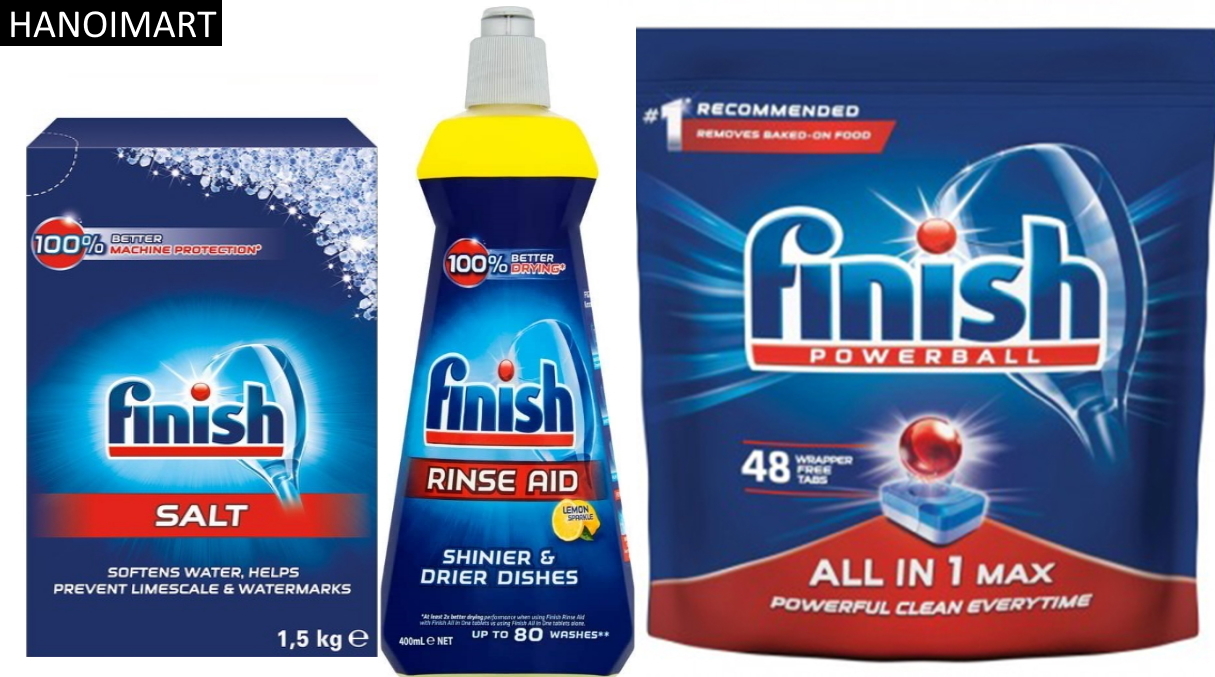 Combo Viên rửa bát Finish 48 tabs + muối finish 1.5kg + dầu bóng finish 400ml chuyên dùng cho máy rửa bát