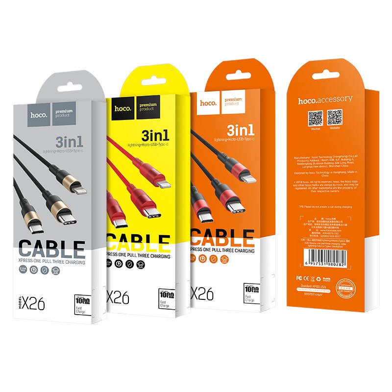 [HCM]Cáp sạc Hoco X26 3 đầu đa năng Lightning - Micro - Type C dài 1m dây dù siêu bền