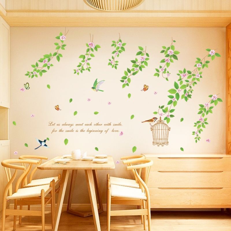Decal dán tường dây hoa và lồng chim,
