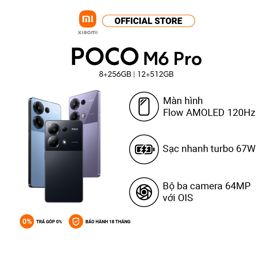 Điện thoại thông minh POCO M6 Pro (8+256GB | 12+512GB) | 120Hz AMOLED | Sạc 67W Pin 5000mAh | MTK Helio G99 Ultra