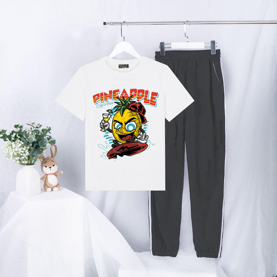 Sét Bộ Đồ Quần Áo Ngắn Tay Nữ Siêu Xinh Cute Mặc Đi Chơi, Áo Cotton In Khủng Long Người Tuyết Kèm Quần Thun Sọc Bo Gấu