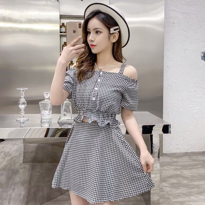Jumpsuit  Nữ Caro Xóe Thời Trang  Mới Pk J59