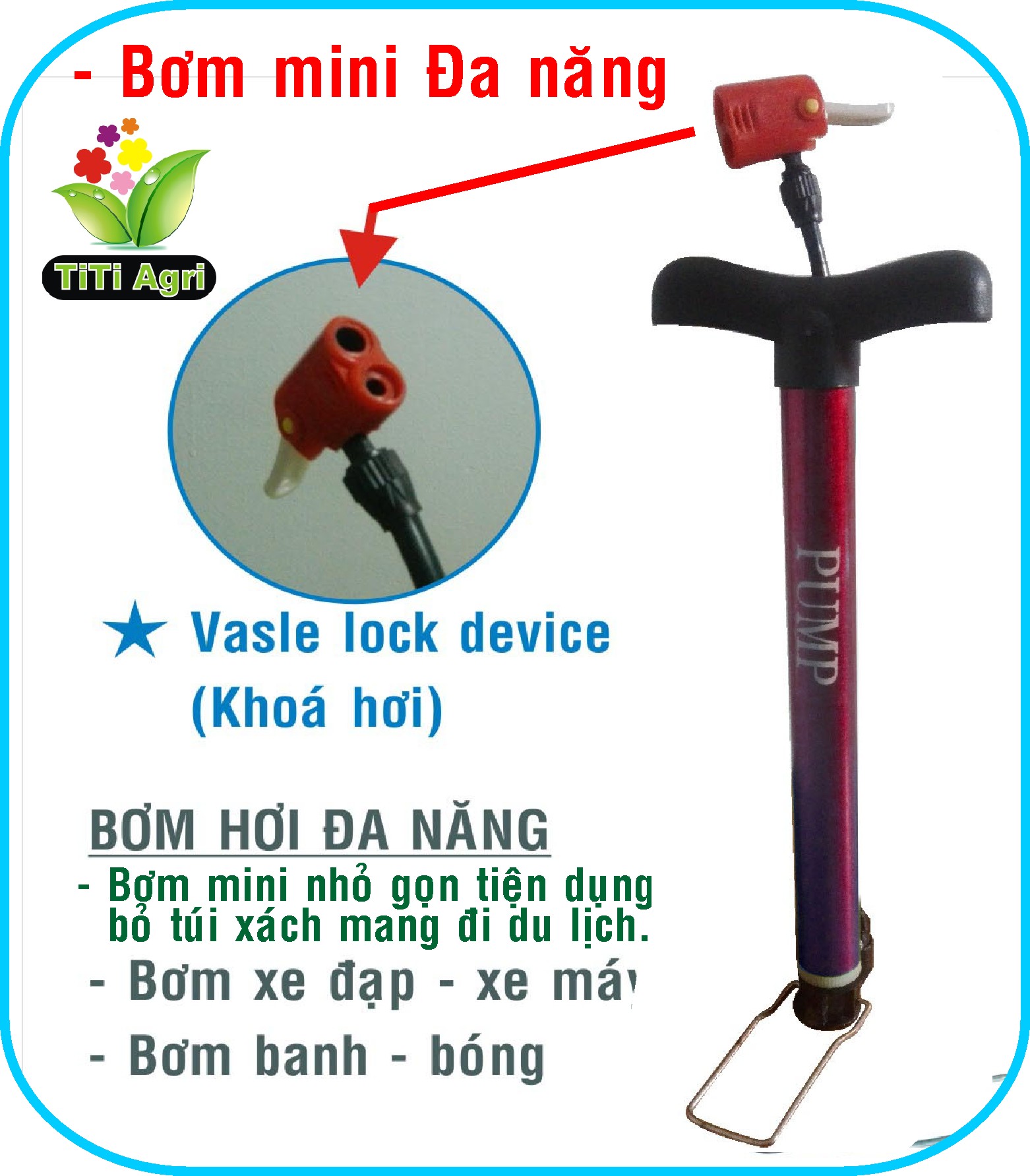 Bơm xe đa năng mini du lịch, phượt (dùng cho lốp xăm xe máy xe đạp, banh)