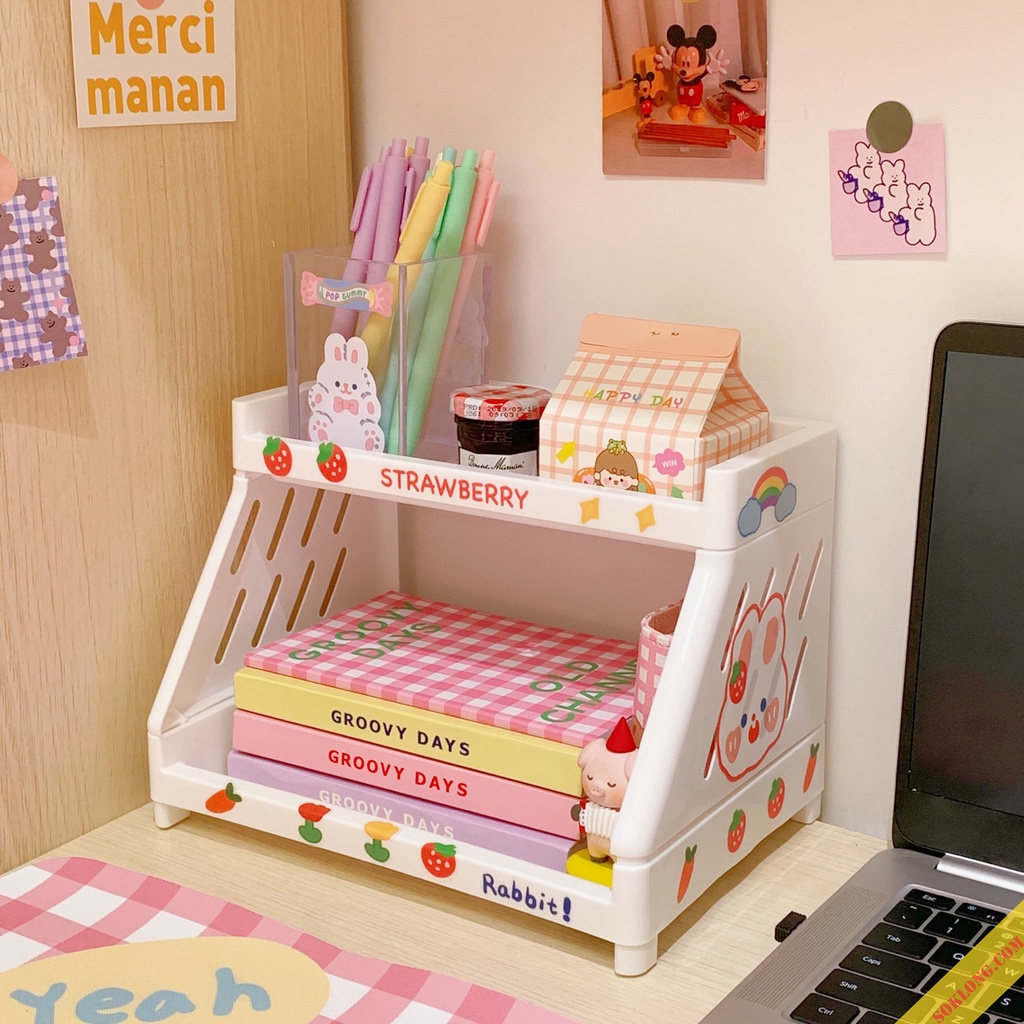 Kệ giá mini 2 tâng chân mèo để bàn cute đựng sách vở, văn phòng phẩm K38 tiện ích -vpp Tue Minh