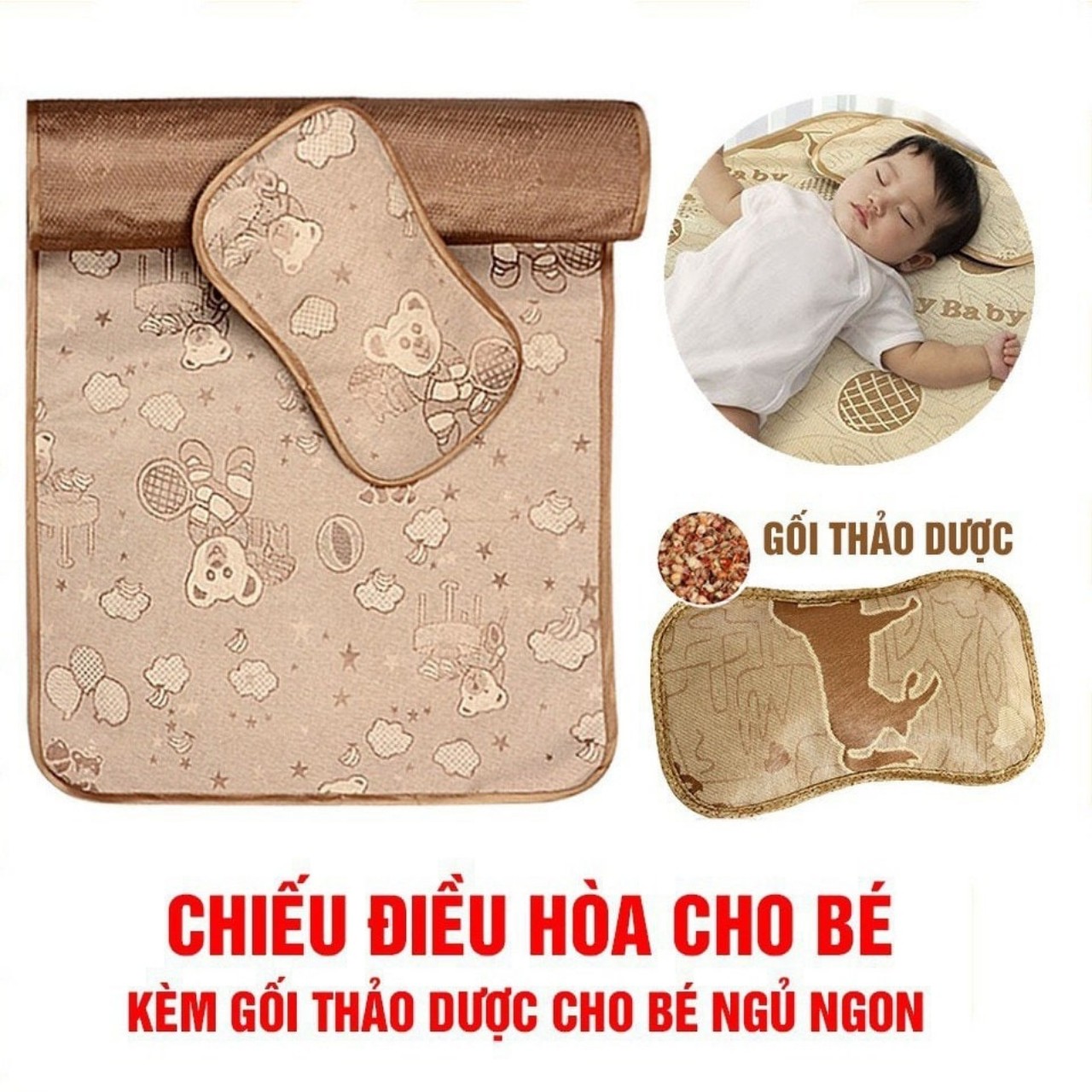 CHIẾU LỤA ĐIỀU HÒA CHO BÉ 60cmx90cm [KÈM GỐI THẢO DƯỢC] - HÀNG VIỆT NAM